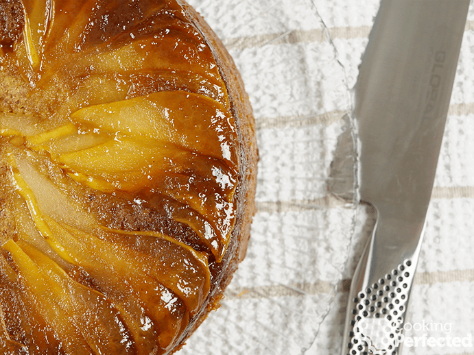 Upside-down pear cake ready to serve