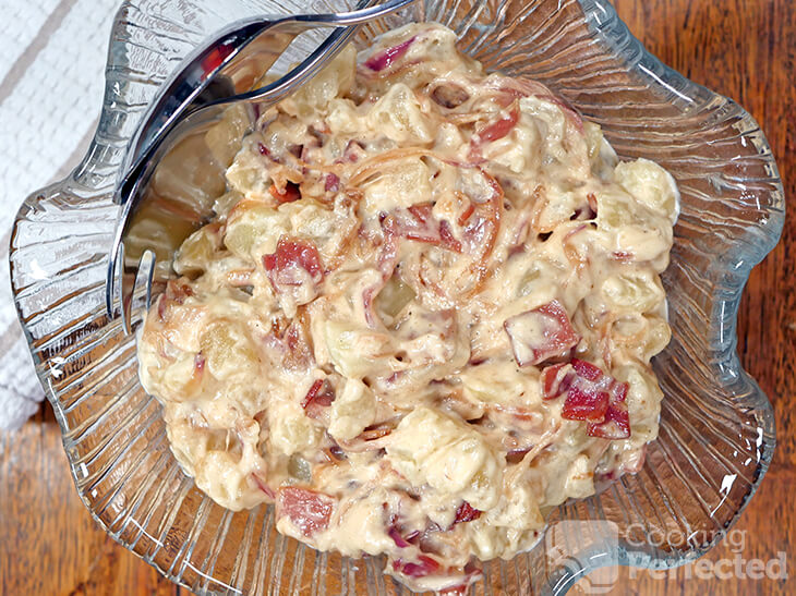 Potato Salad with Bacon and Caramelized Onion in a bowl