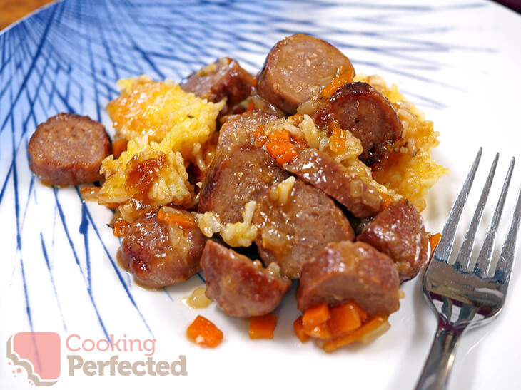 Sausage and Gravy Casserole Topped with Cheesy Rice