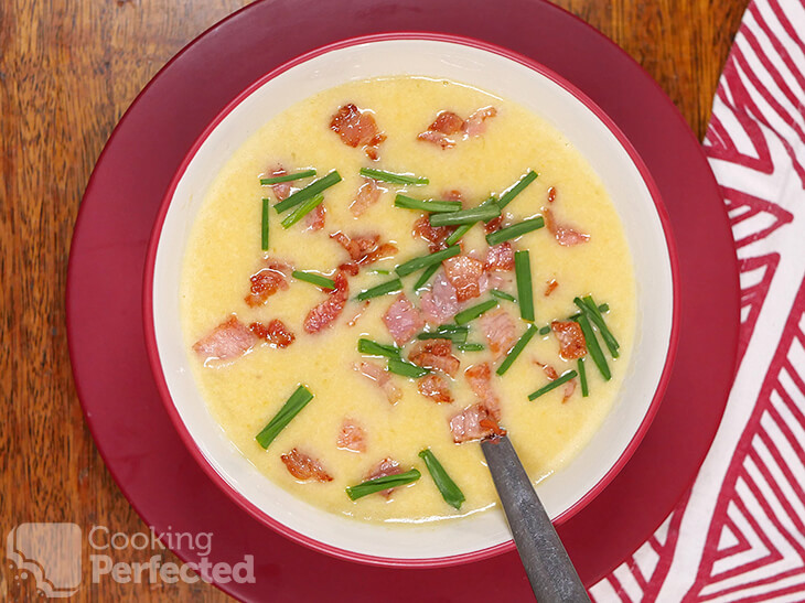 Potato Soup Topped with Bacon and Chives