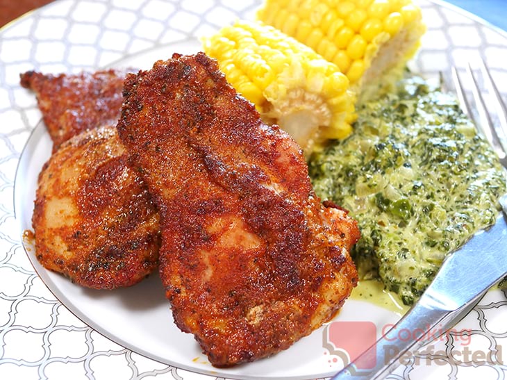 Air Fryer Seasoned Chicken Thighs with Creamed Spinach and Corn