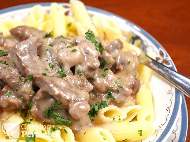 Pressure Cooker Beef Stroganoff served with Pasta