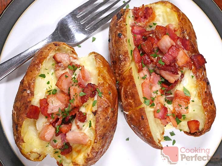Air-fried loaded potatoes with bacon and cheese