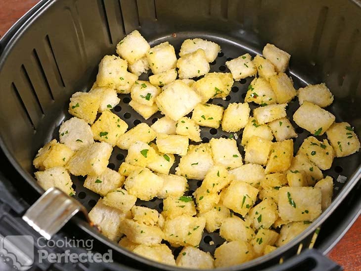 Cubed bread ready for cooking in the Air Fryer