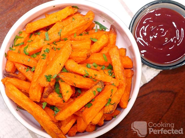 Cooked Frozen Sweet Potato Fries with Ketchup